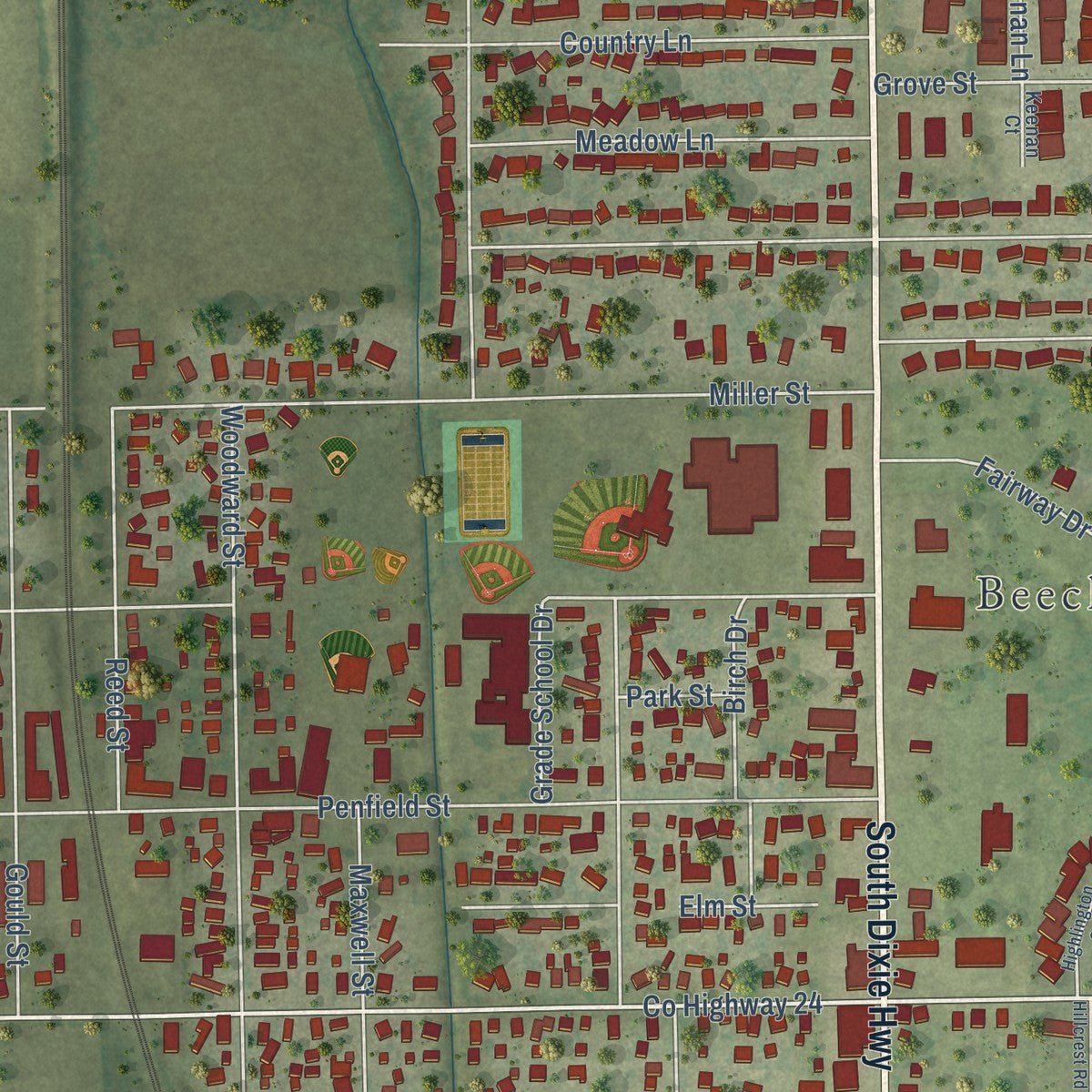 Close-up of the map of Beecher, Illinois print showing street and building detail