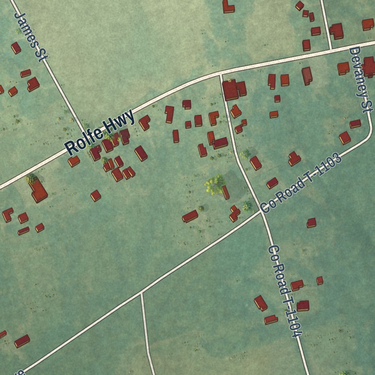 Close-up of the map of Dendron, Virginia print showing street and building detail