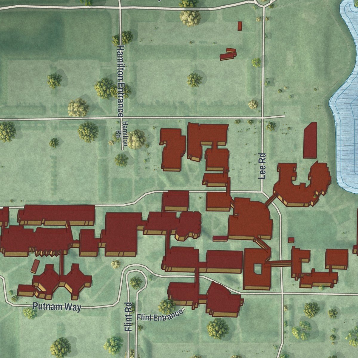 Close-up of the map of University at Buffalo, New York print showing street and building detail