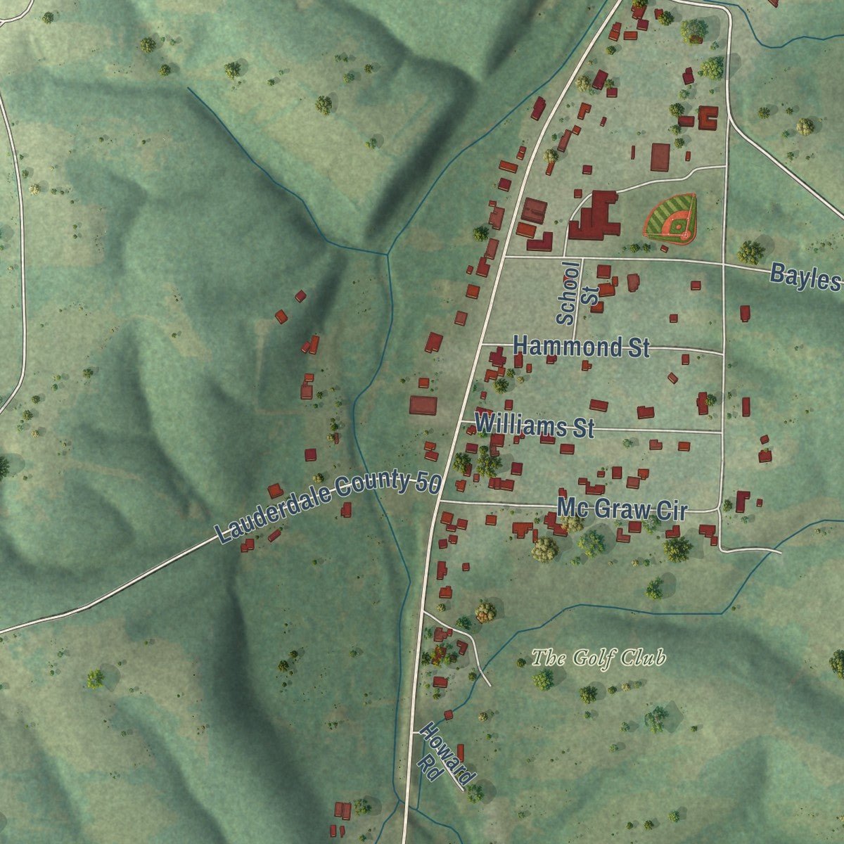 Close-up of the map of Anderson, Alabama print showing street and building detail