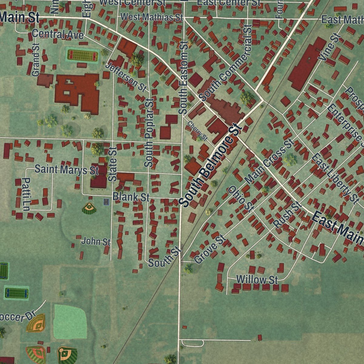 Close-up of the map of Leipsic, Ohio print showing street and building detail