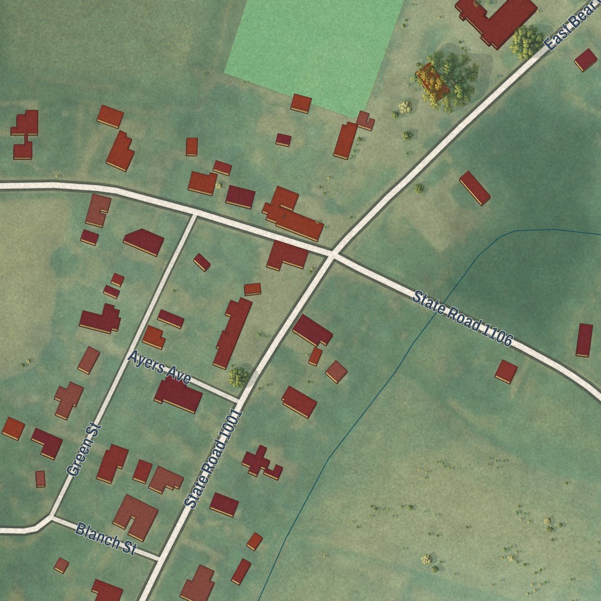 Close-up of the map of Bear Grass, North Carolina print showing street and building detail