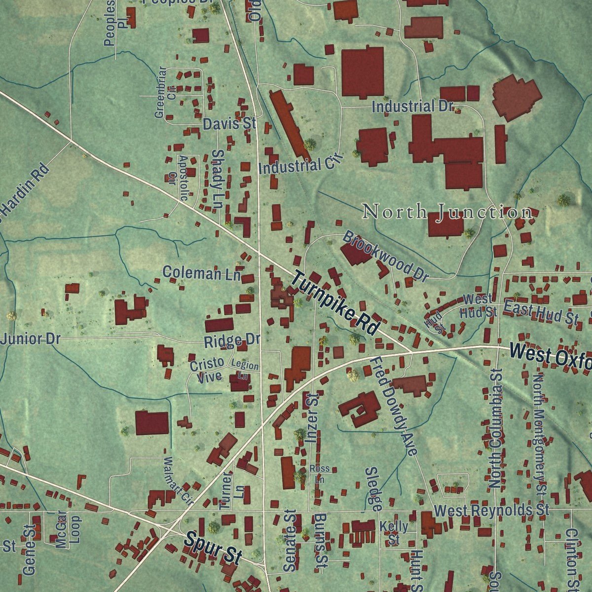Close-up of the map of Pontotoc, Mississippi print showing street and building detail
