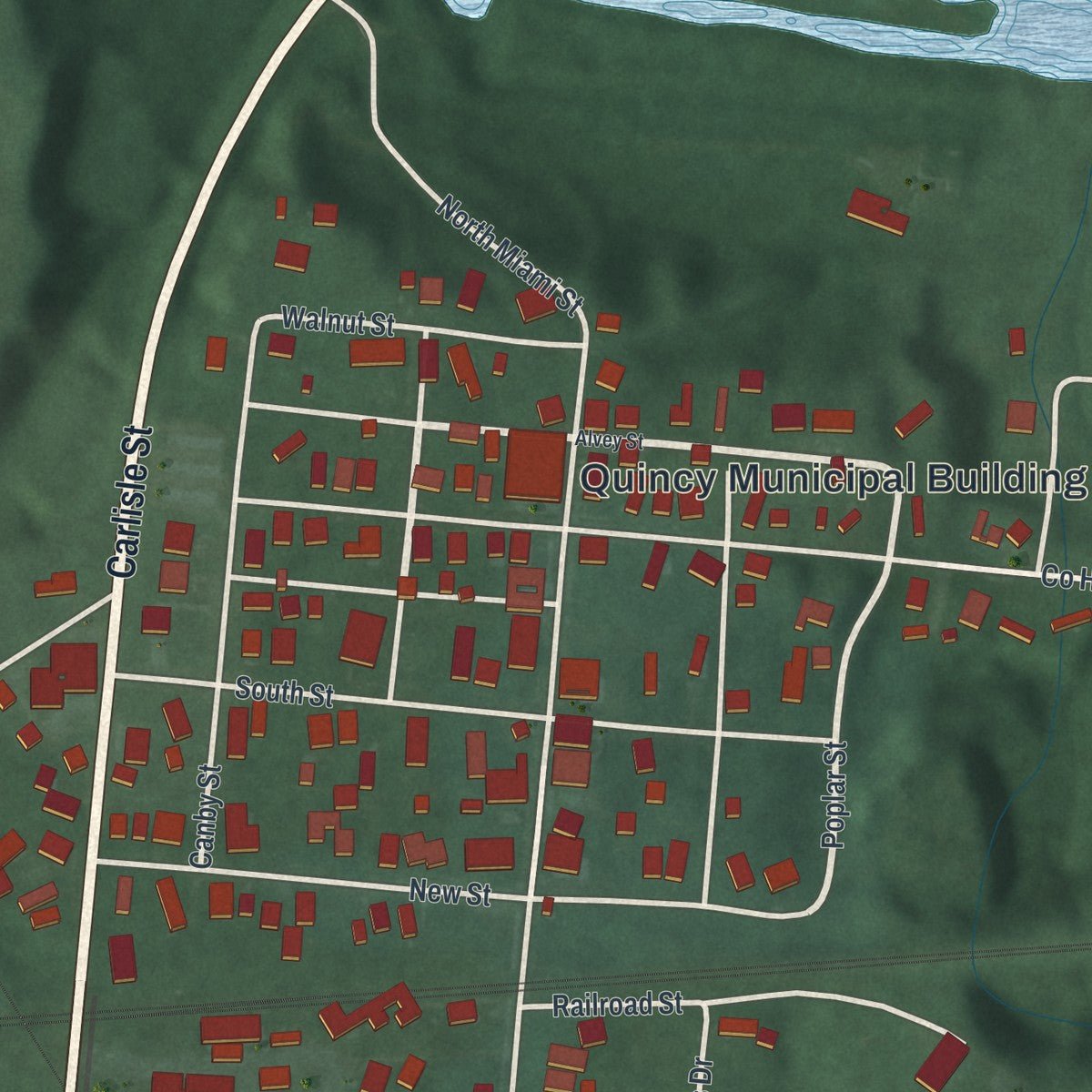 Close-up of the map of Quincy, Ohio print showing street and building detail
