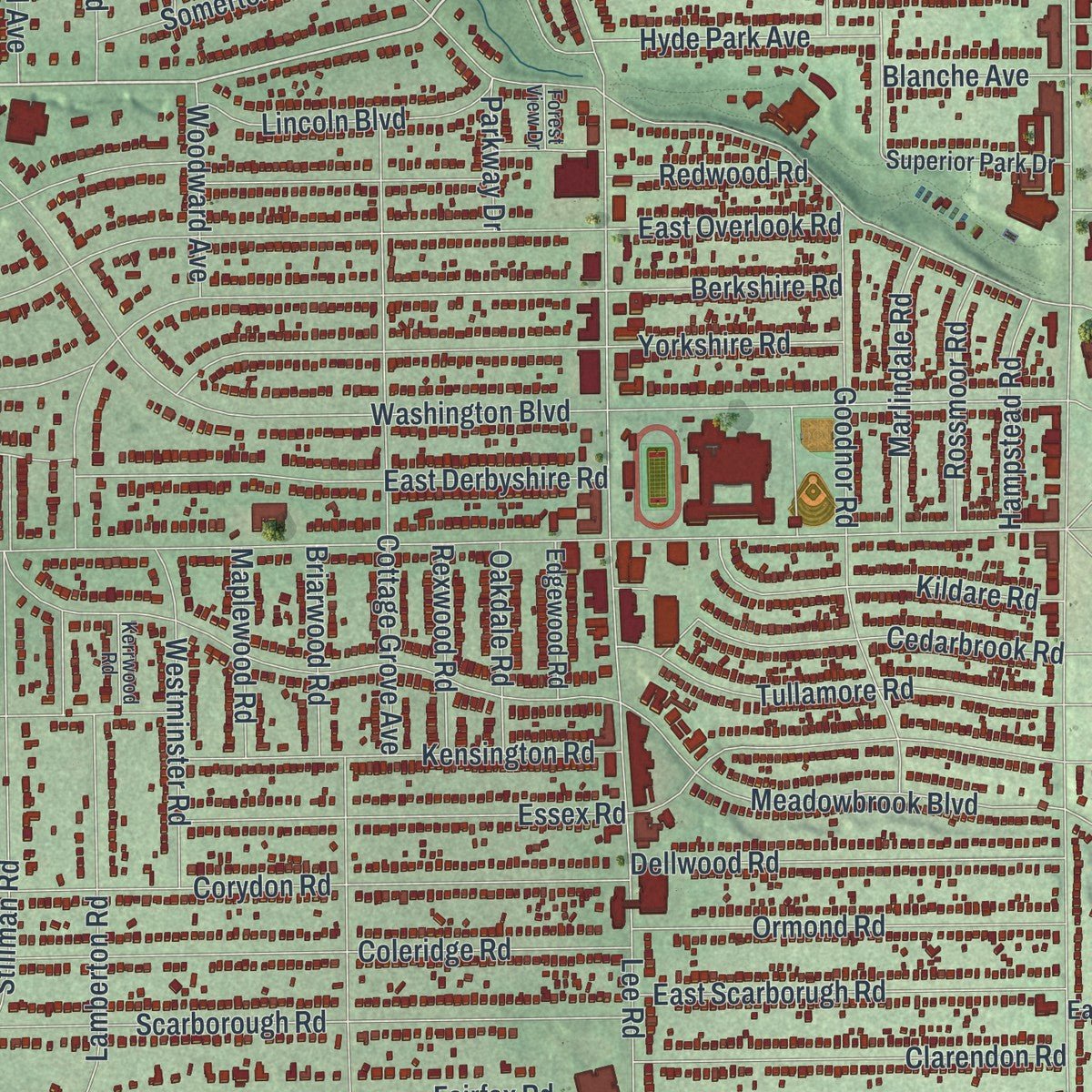 Close-up of the map of Cleveland Heights, Ohio print showing street and building detail