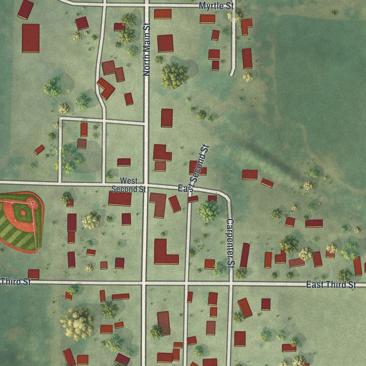 Close-up of the map of Dundee, Minnesota print showing street and building detail