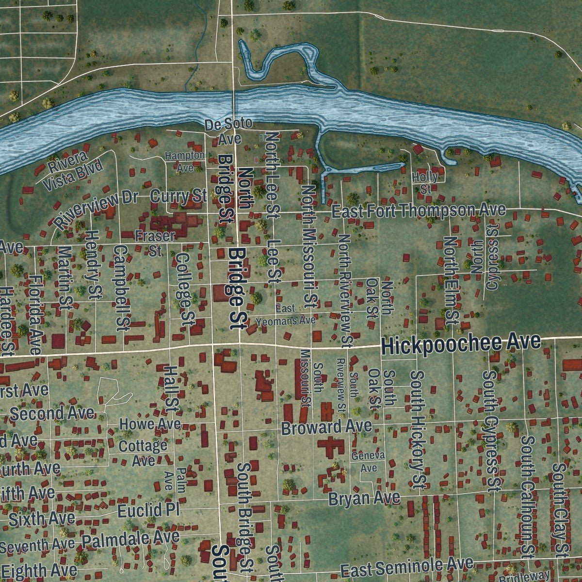 Close-up of the map of LaBelle, Florida print showing street and building detail