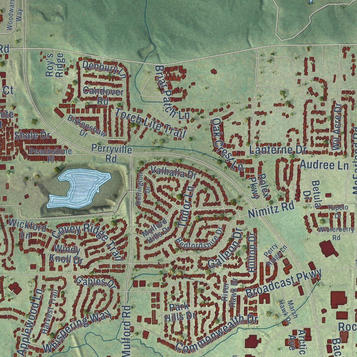 Close-up of the map of Loves Park, Illinois print showing street and building detail