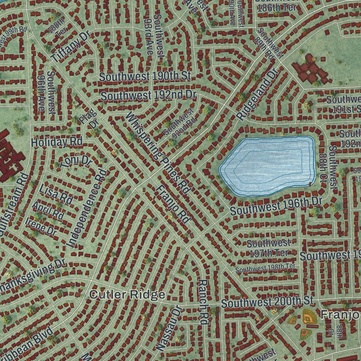 Close-up of the map of Cutler Bay, Florida print showing street and building detail