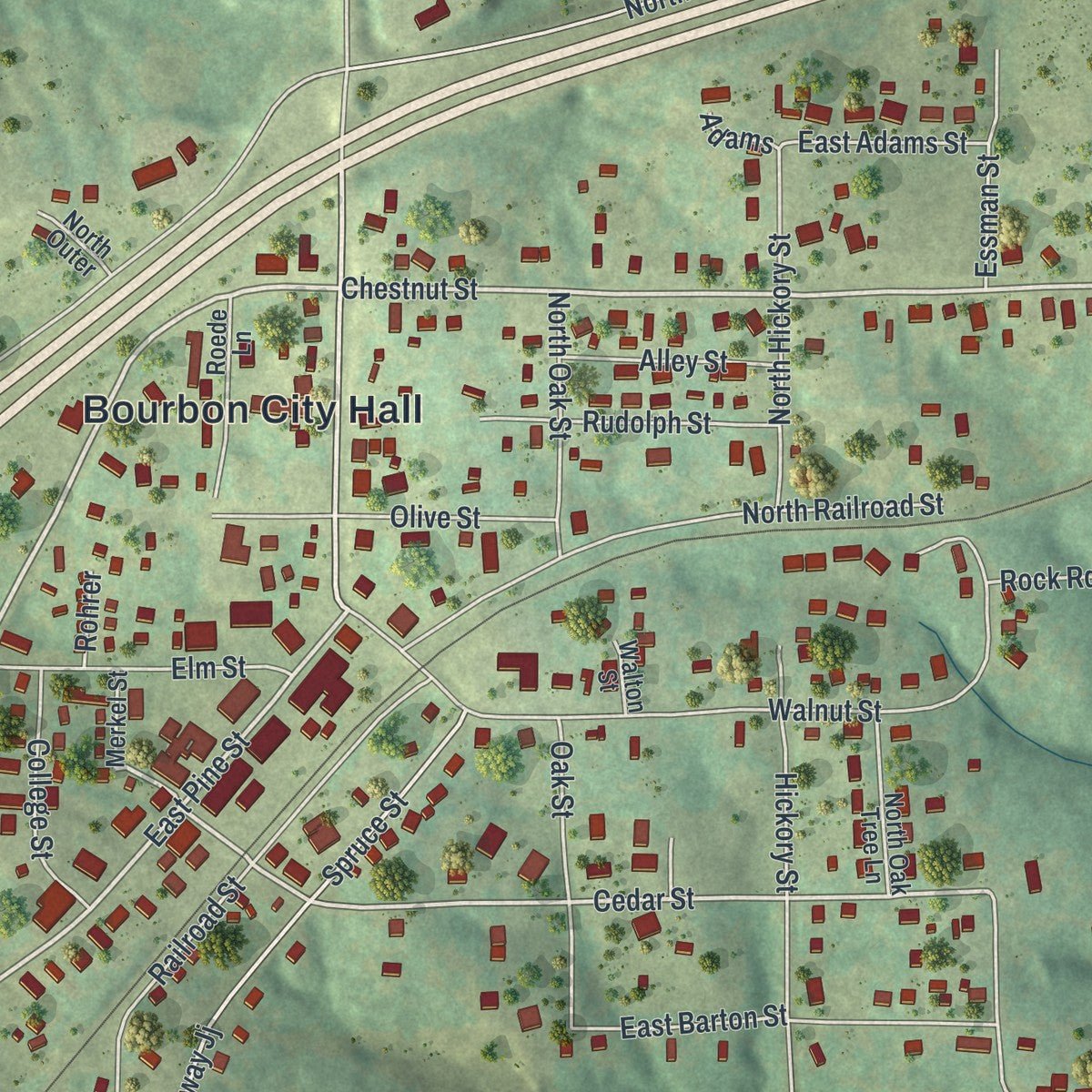 Close-up of the map of Bourbon, Missouri print showing street and building detail