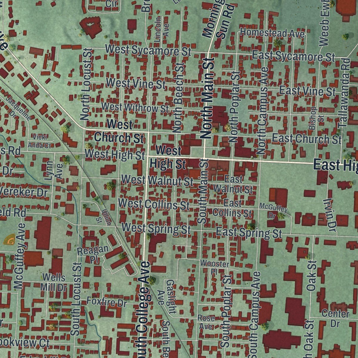 Close-up of the map of Oxford, Ohio print showing street and building detail