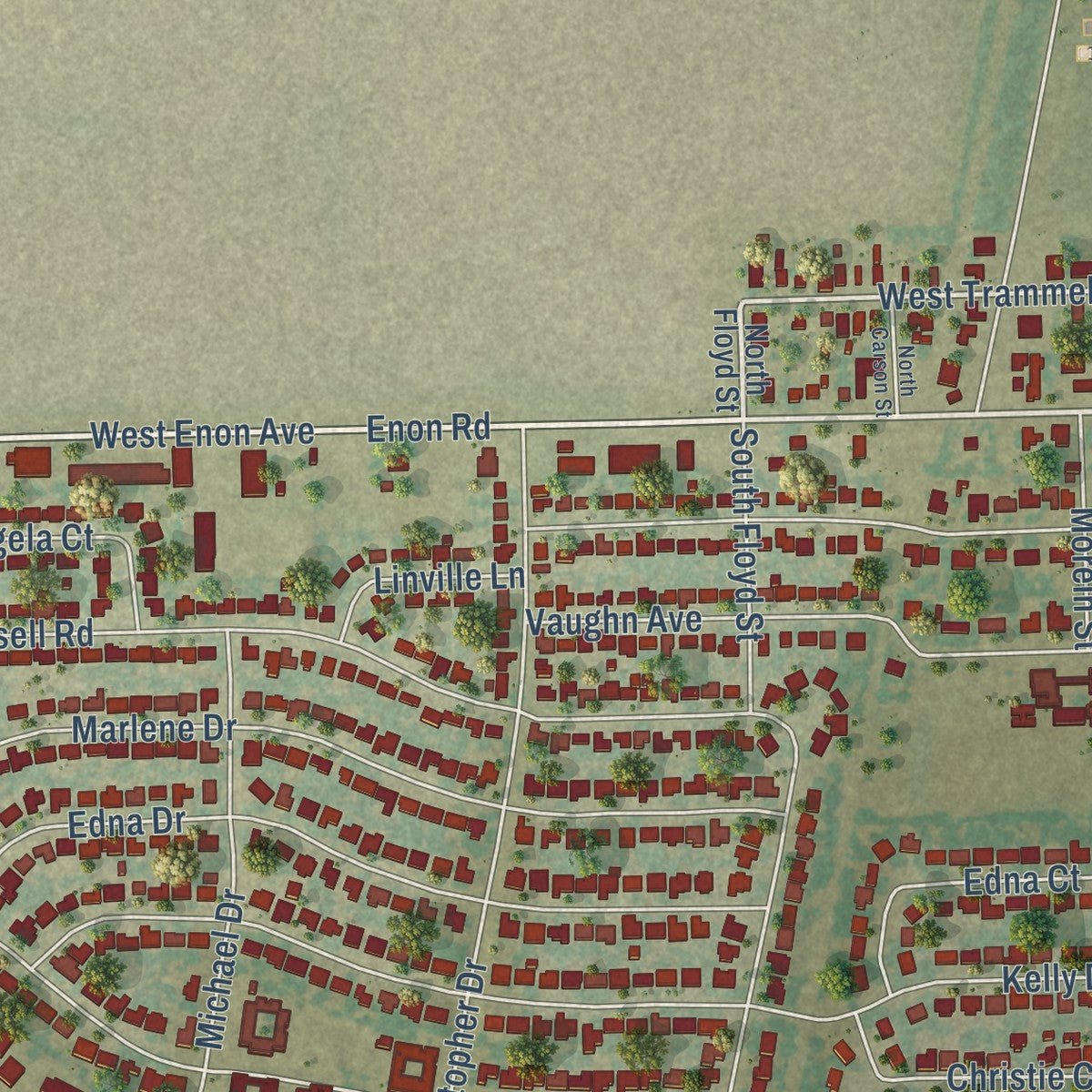 Close-up of the map of Everman, Texas print showing street and building detail