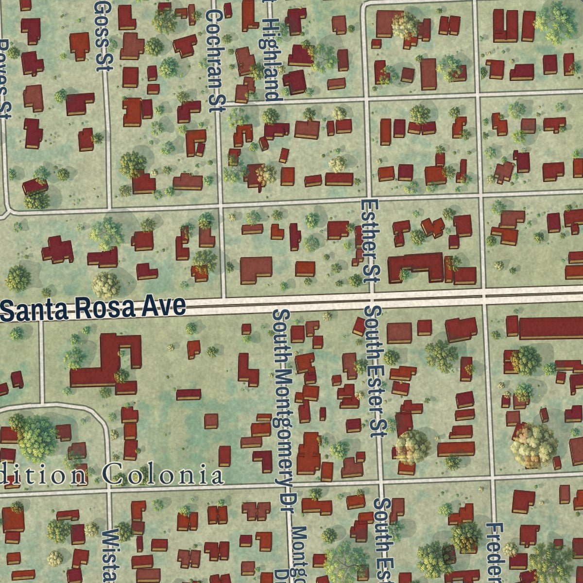 Close-up of the map of Edcouch, Texas print showing street and building detail