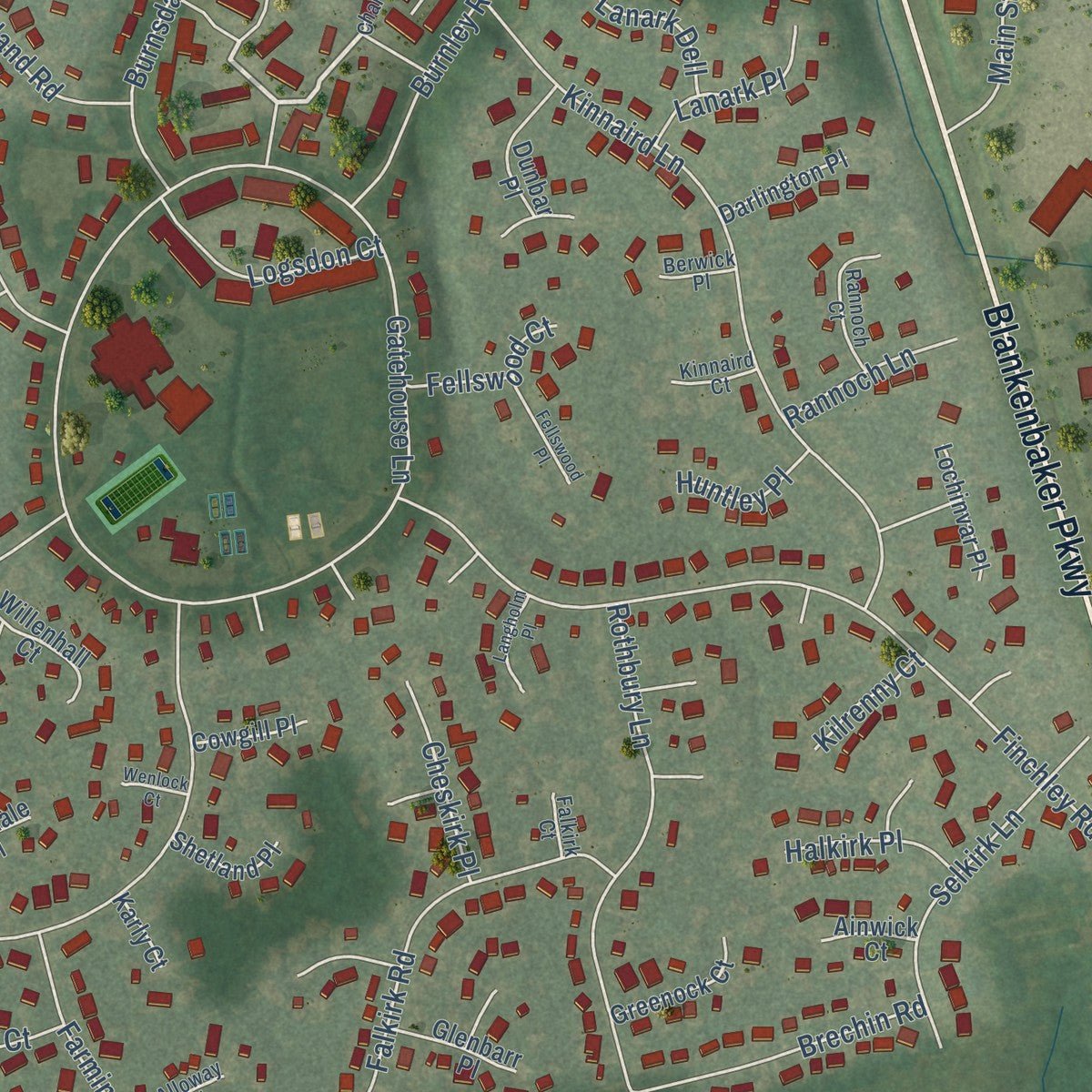 Close-up of the map of Douglass Hills, Kentucky print showing street and building detail