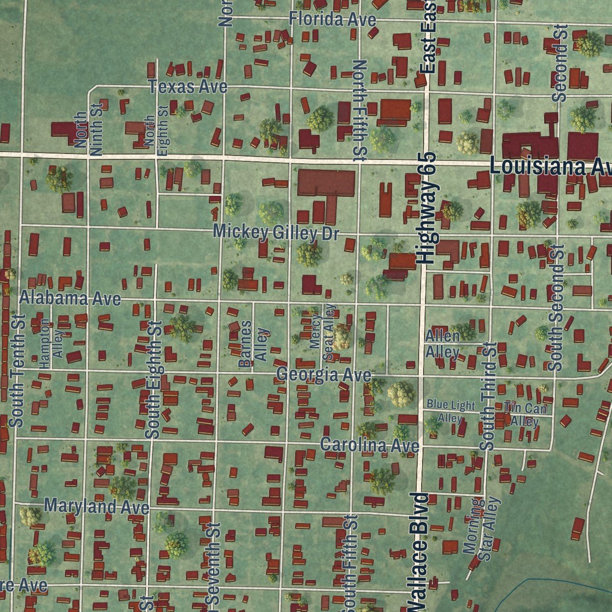 Close-up of the map of Ferriday, Louisiana print showing street and building detail