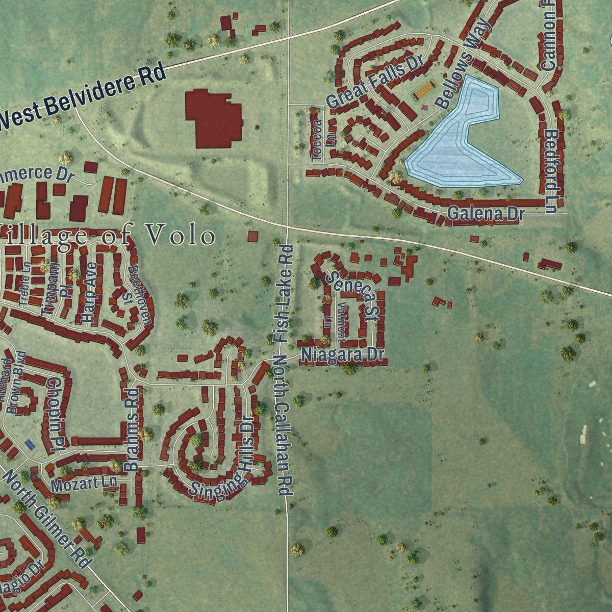 Close-up of the map of Volo, Illinois print showing street and building detail