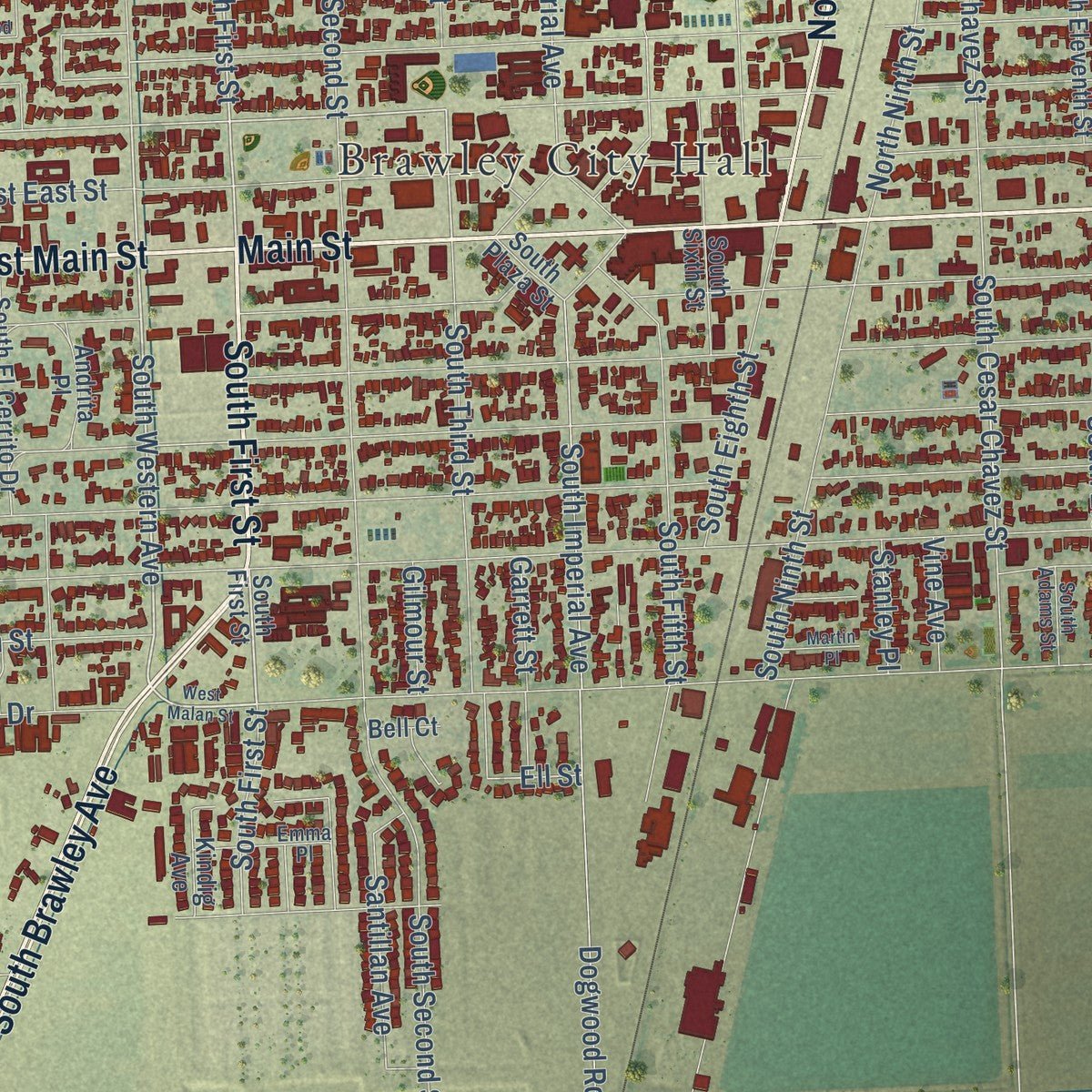 Close-up of the map of Brawley, California print showing street and building detail