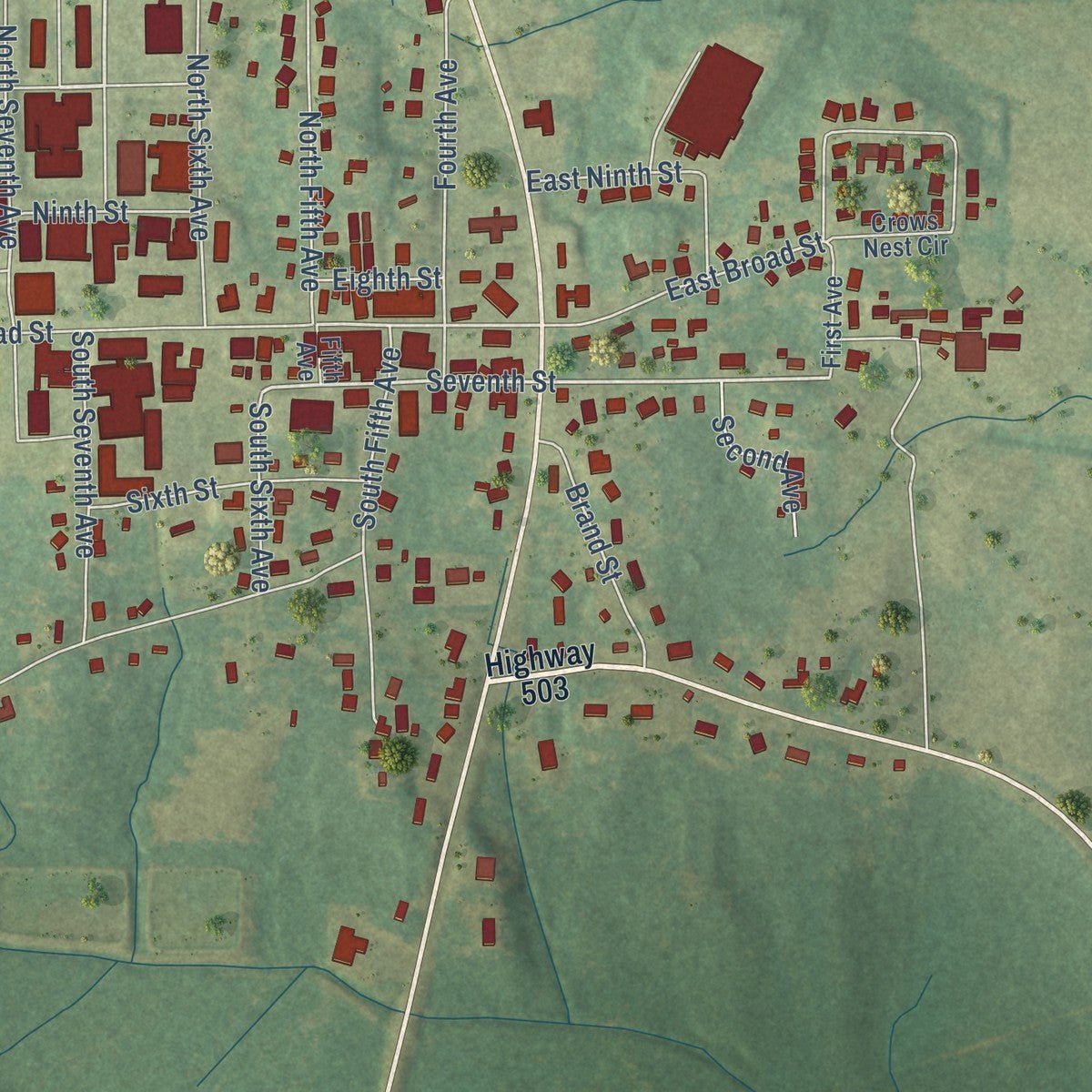 Close-up of the map of Decatur, Mississippi print showing street and building detail