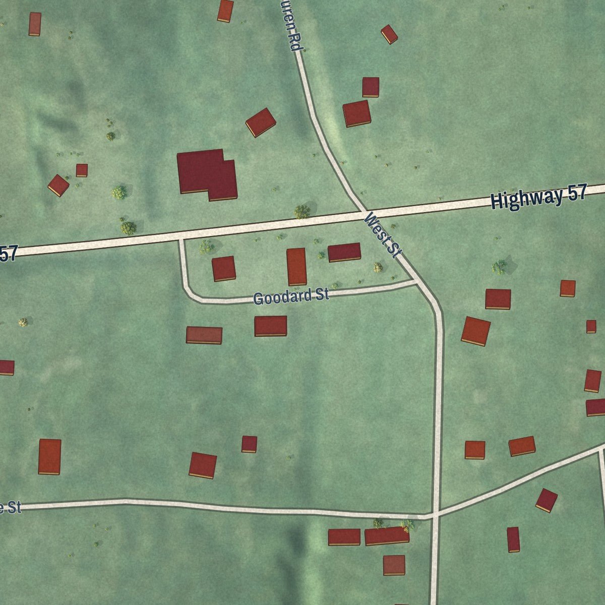 Close-up of the map of Saulsbury, Tennessee print showing street and building detail