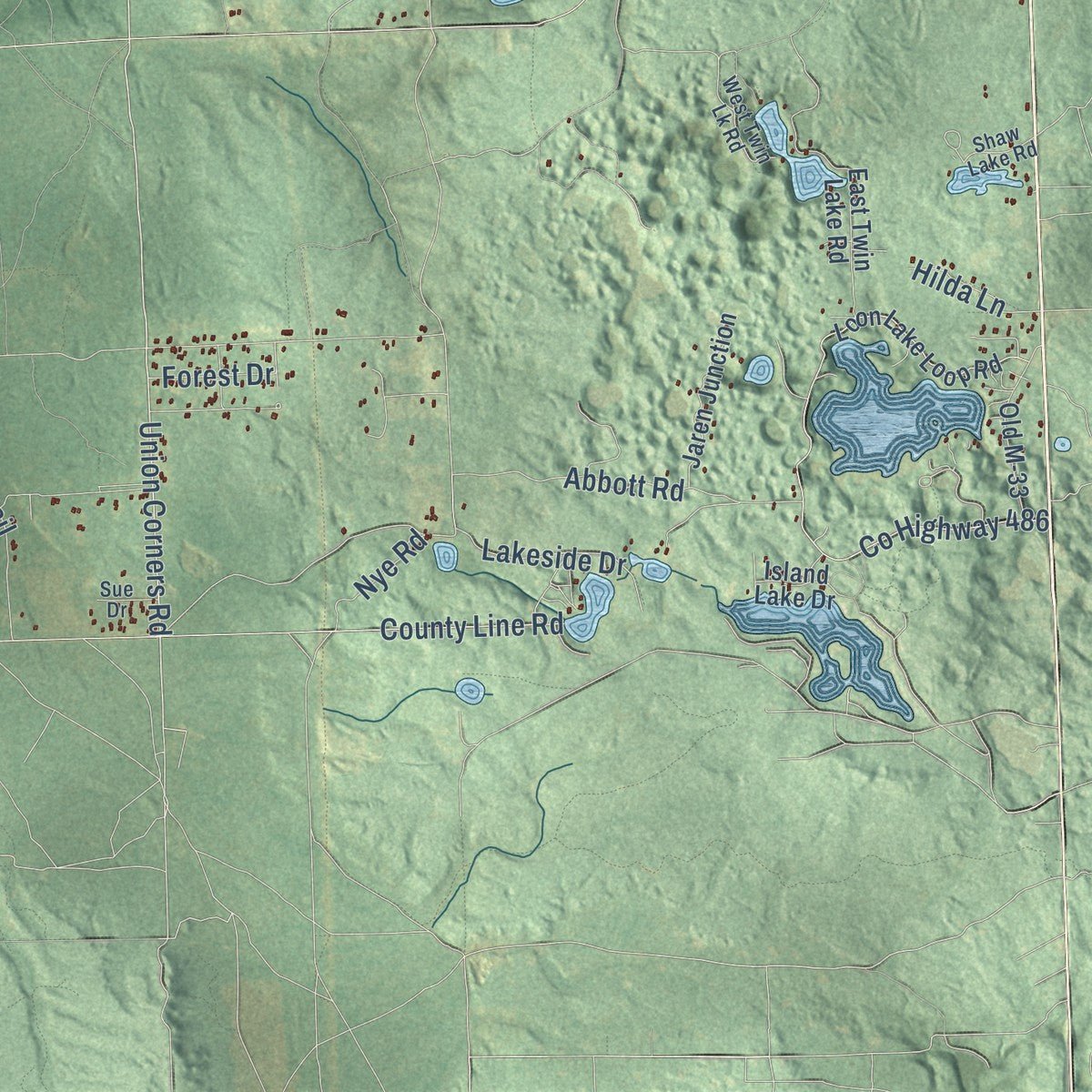 Close-up of the map of Big Creek, Michigan print showing street and building detail
