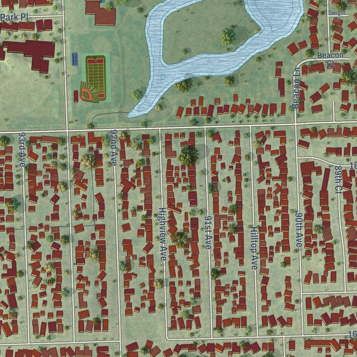 Close-up of the map of Orland Hills, Illinois print showing street and building detail
