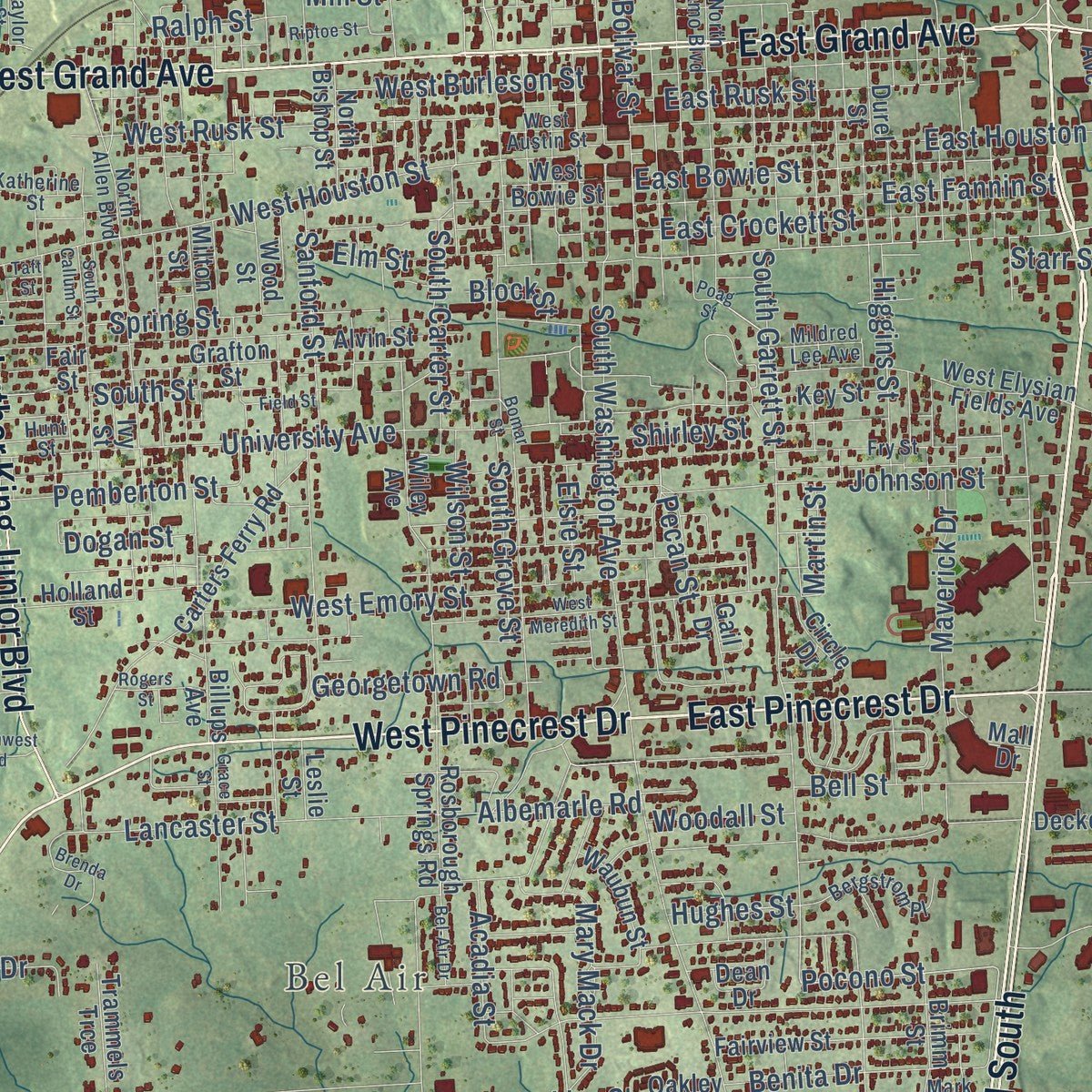 Close-up of the map of Marshall, Texas print showing street and building detail