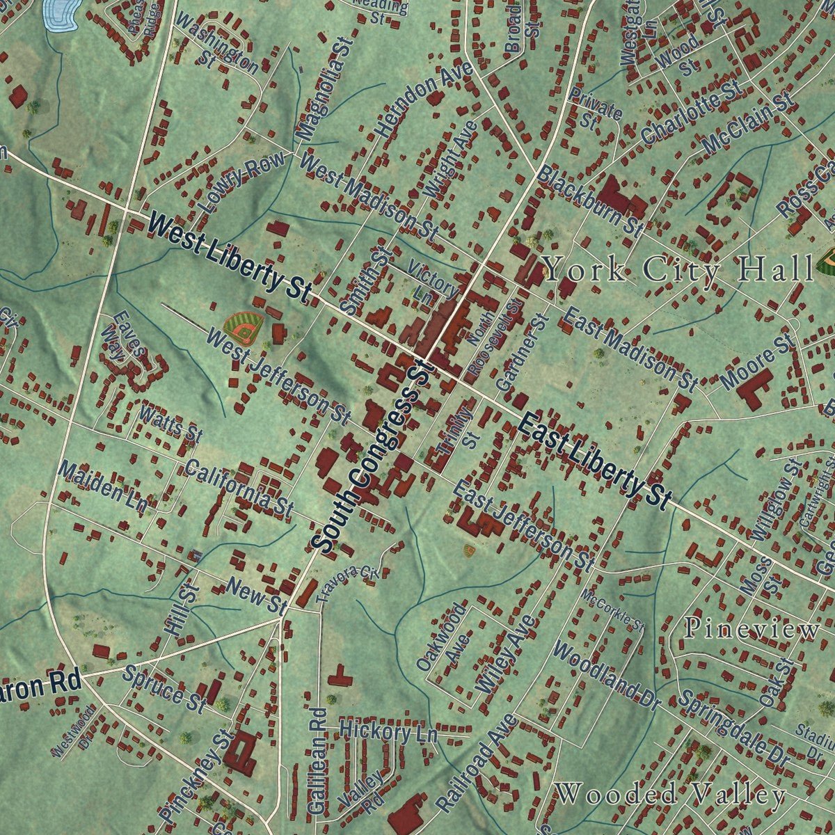 Close-up of the map of York, South Carolina print showing street and building detail