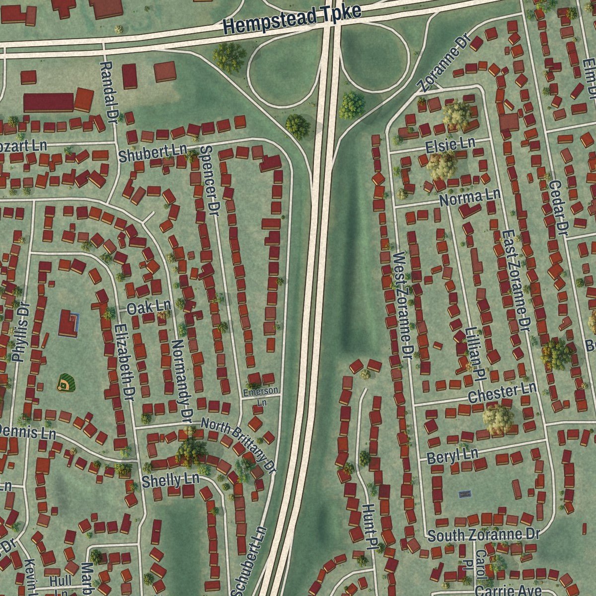 Close-up of the map of Plainedge, New York print showing street and building detail