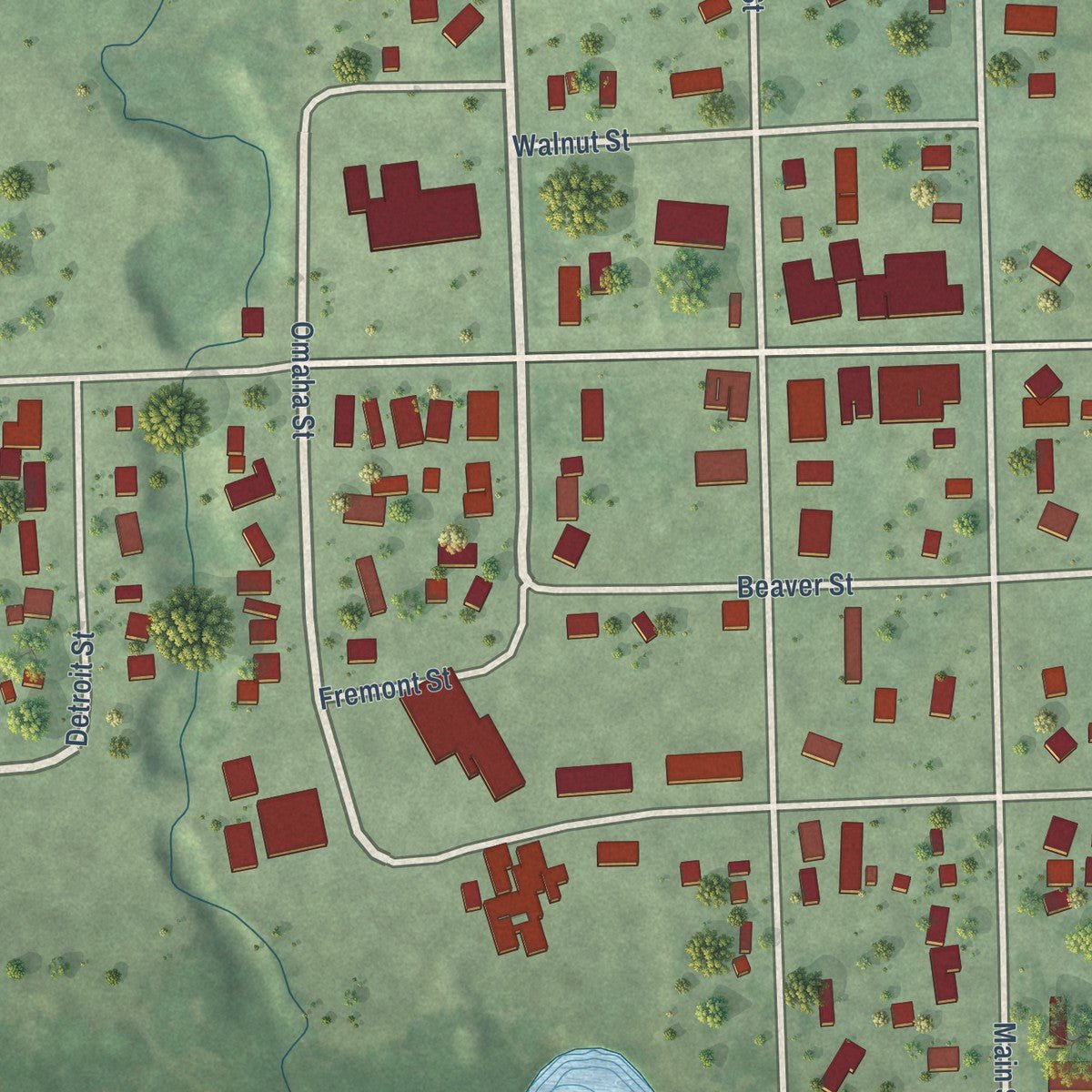Close-up of the map of Beaver Crossing, Nebraska print showing street and building detail