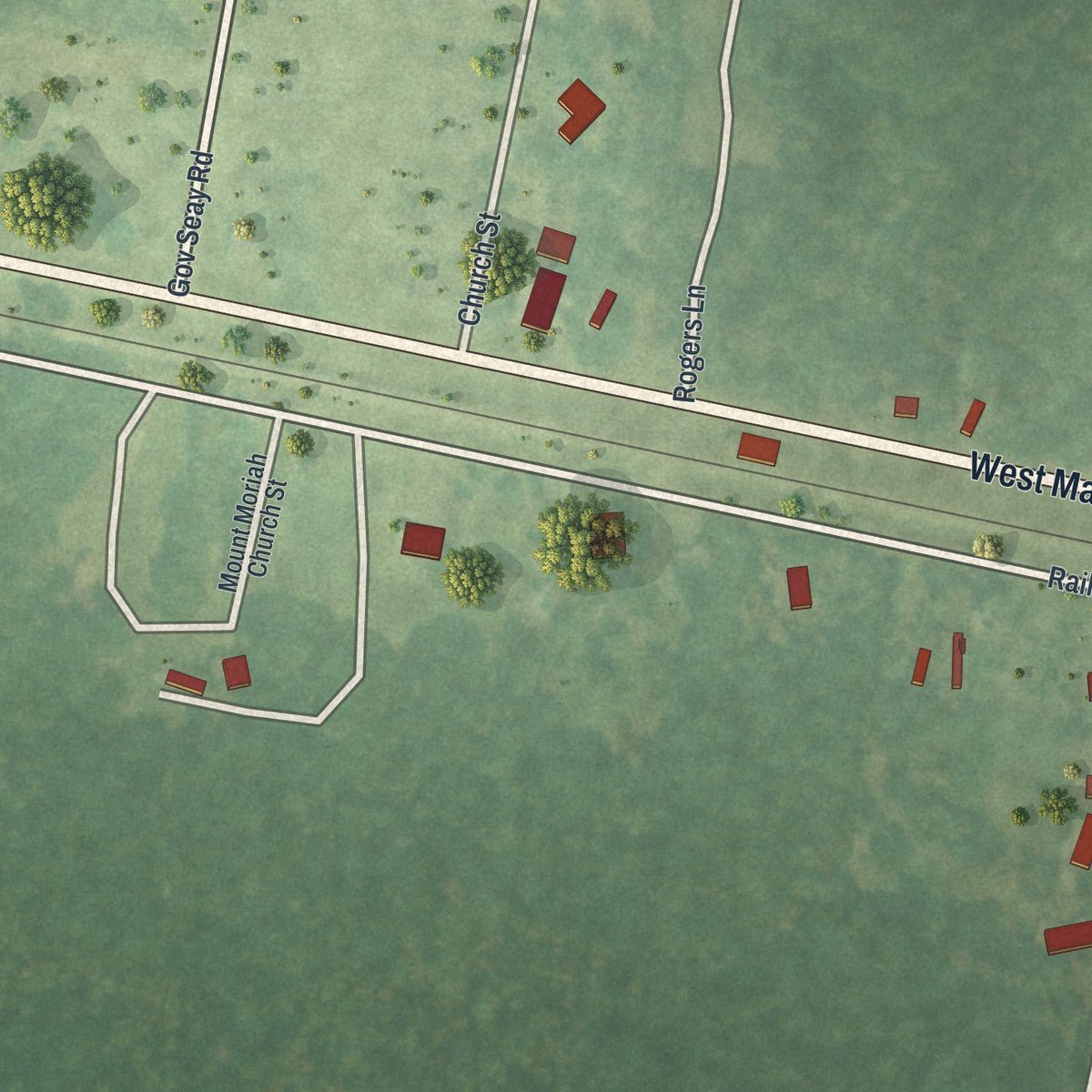 Close-up of the map of Manassas, Georgia print showing street and building detail
