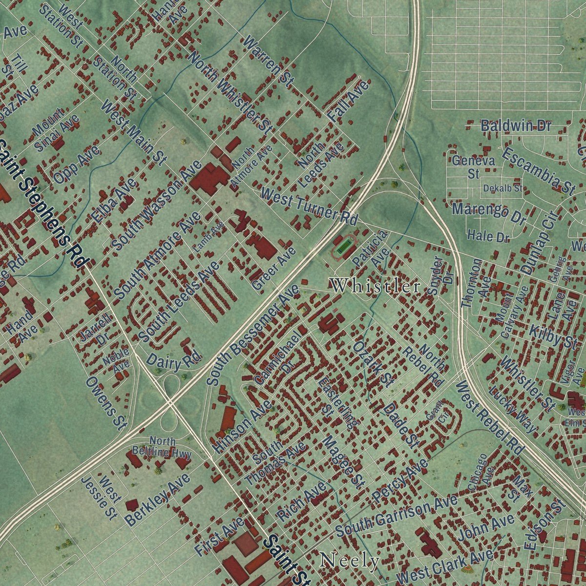 Close-up of the map of Prichard, Alabama print showing street and building detail