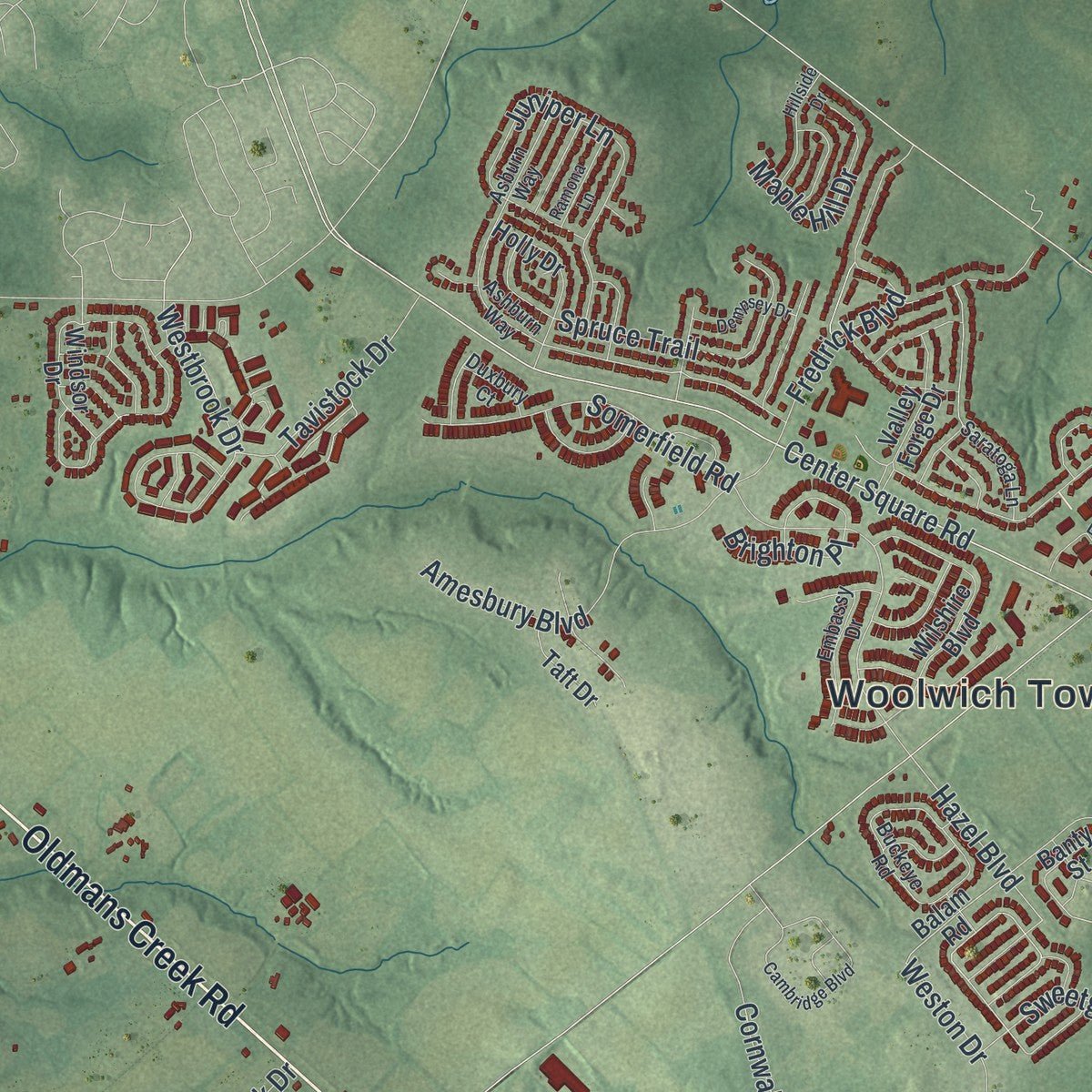 Close-up of the map of Woolwich, New Jersey print showing street and building detail