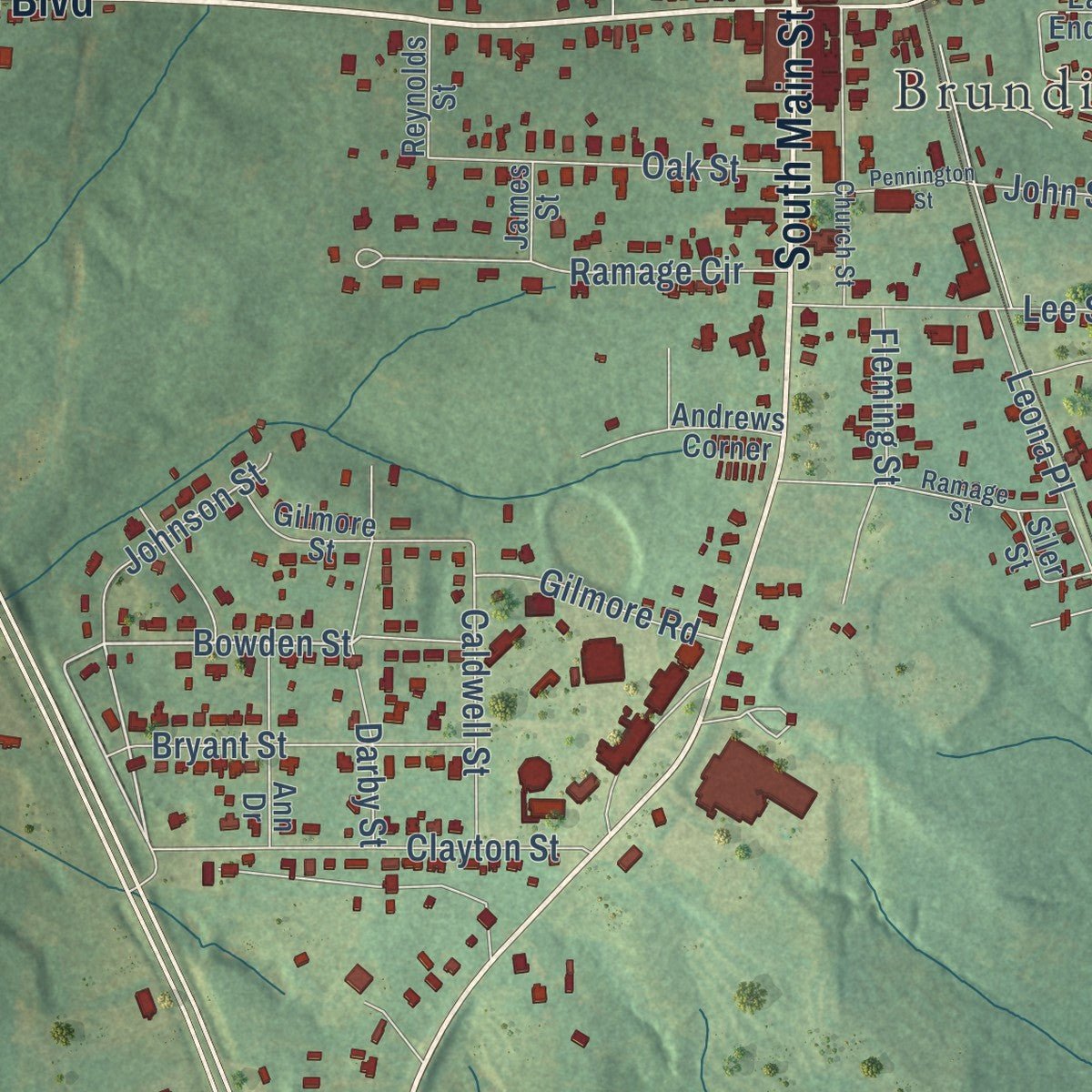Close-up of the map of Brundidge, Alabama print showing street and building detail