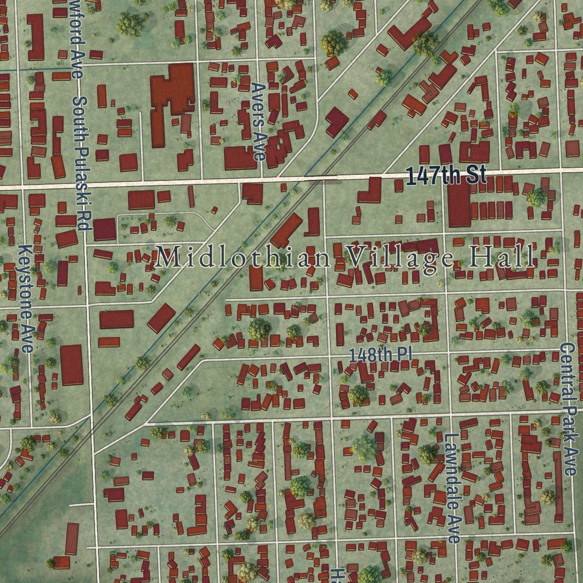 Close-up of the map of Midlothian, Illinois print showing street and building detail