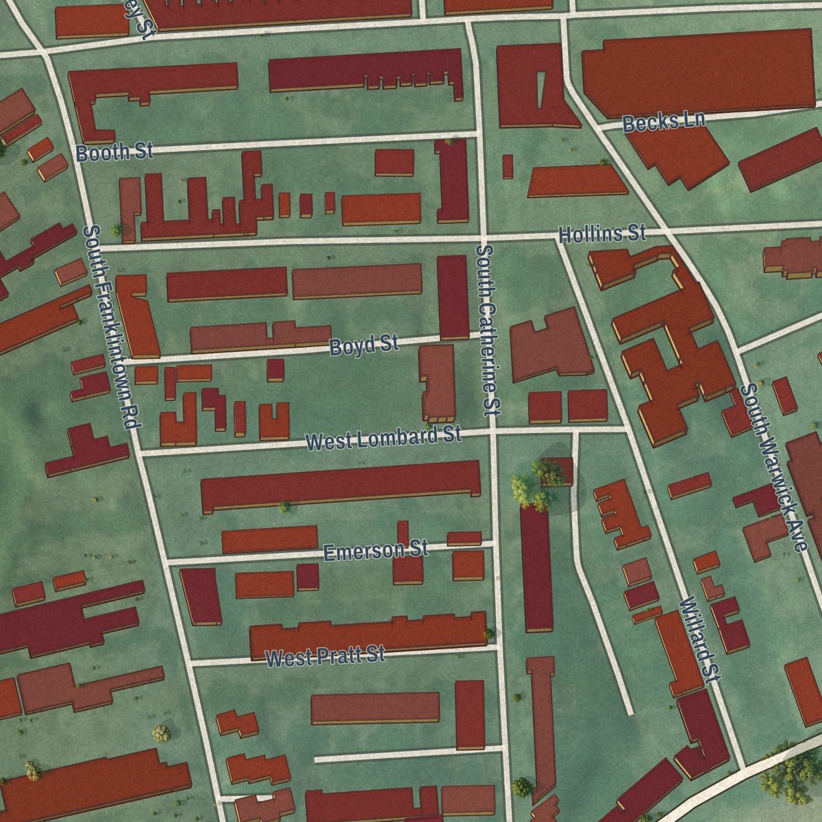 Close-up of the map of Shipley Hill, Maryland print showing street and building detail