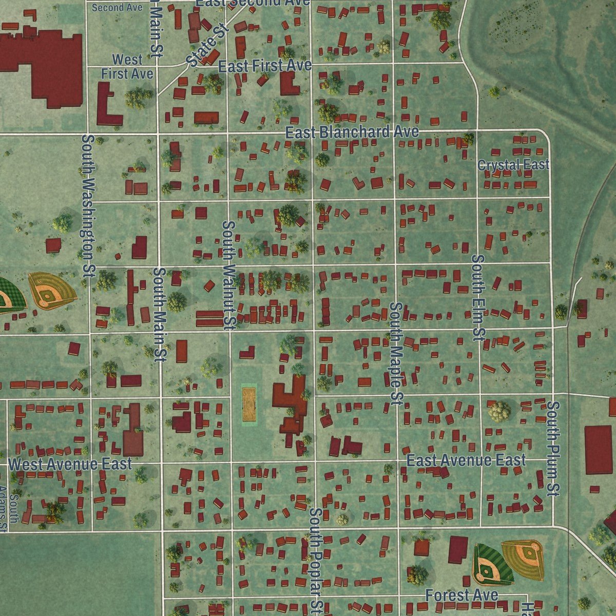 Close-up of the map of South Hutchinson, Kansas print showing street and building detail