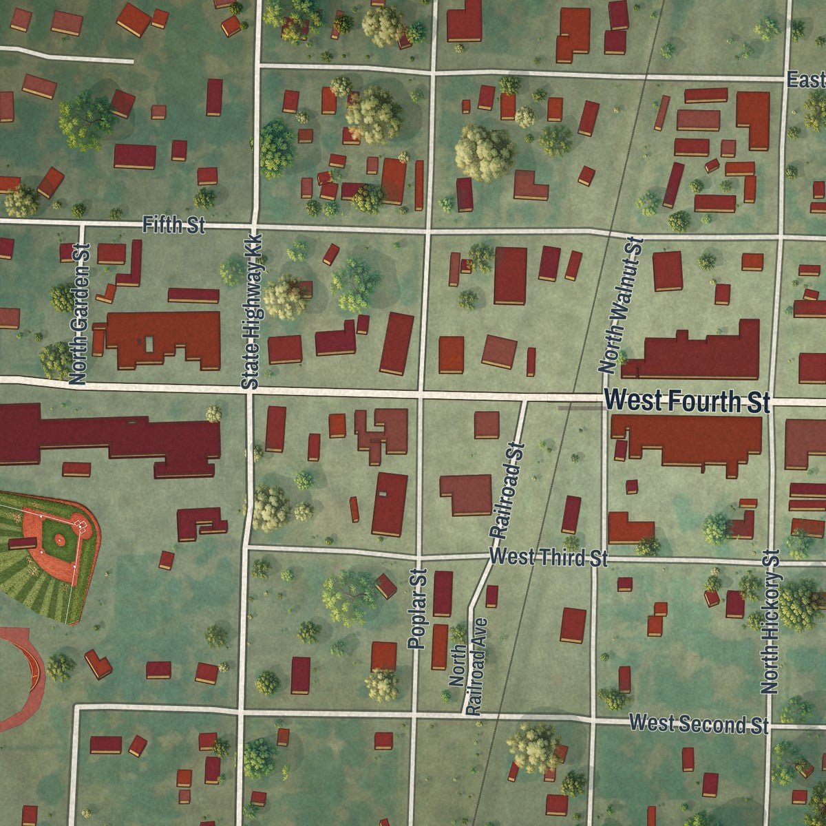 Close-up of the map of Appleton City, Missouri print showing street and building detail