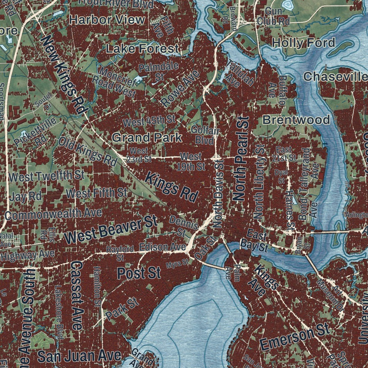 Close-up of the map of Jacksonville, Florida print showing street and building detail