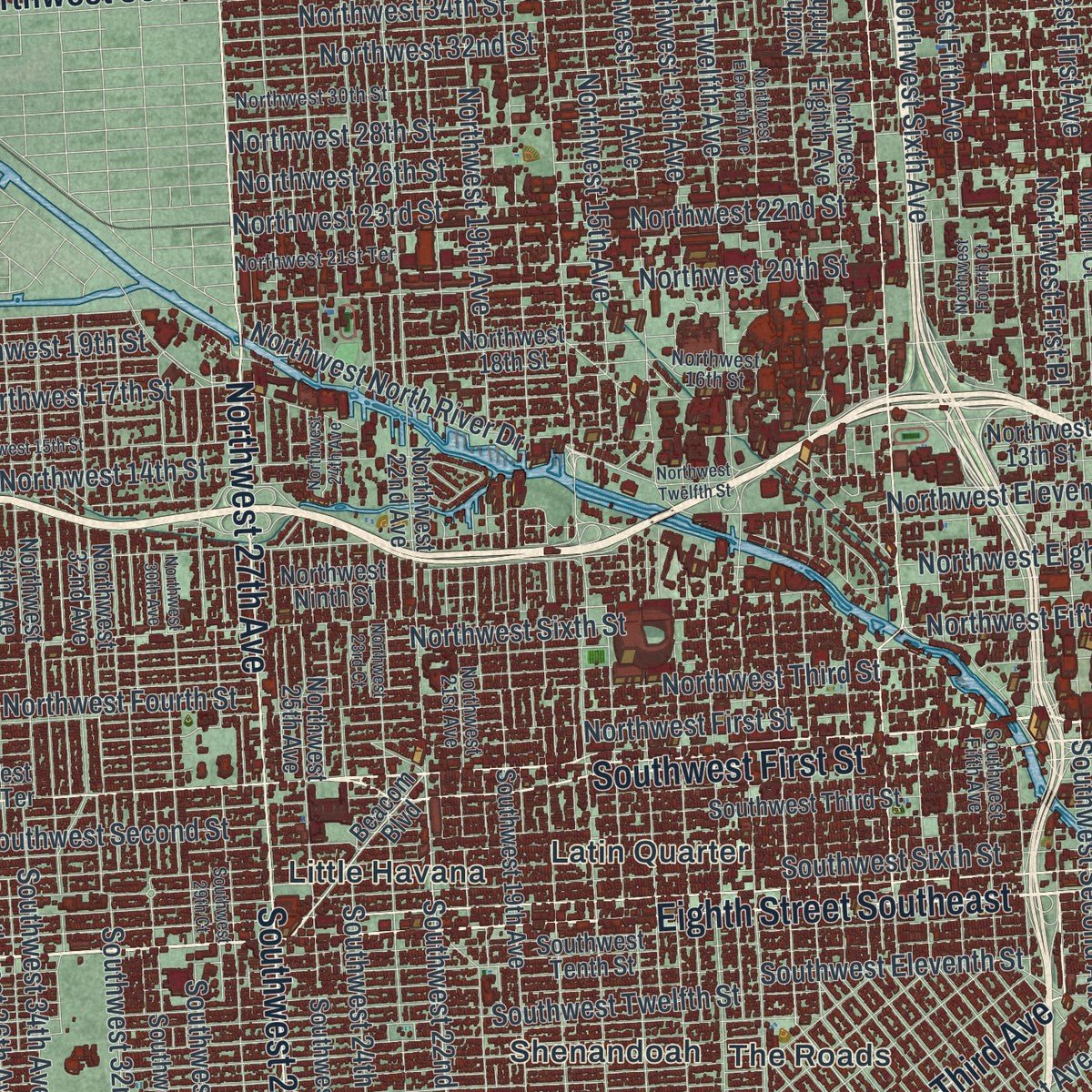 Close-up of the map of Miami, Florida print showing street and building detail