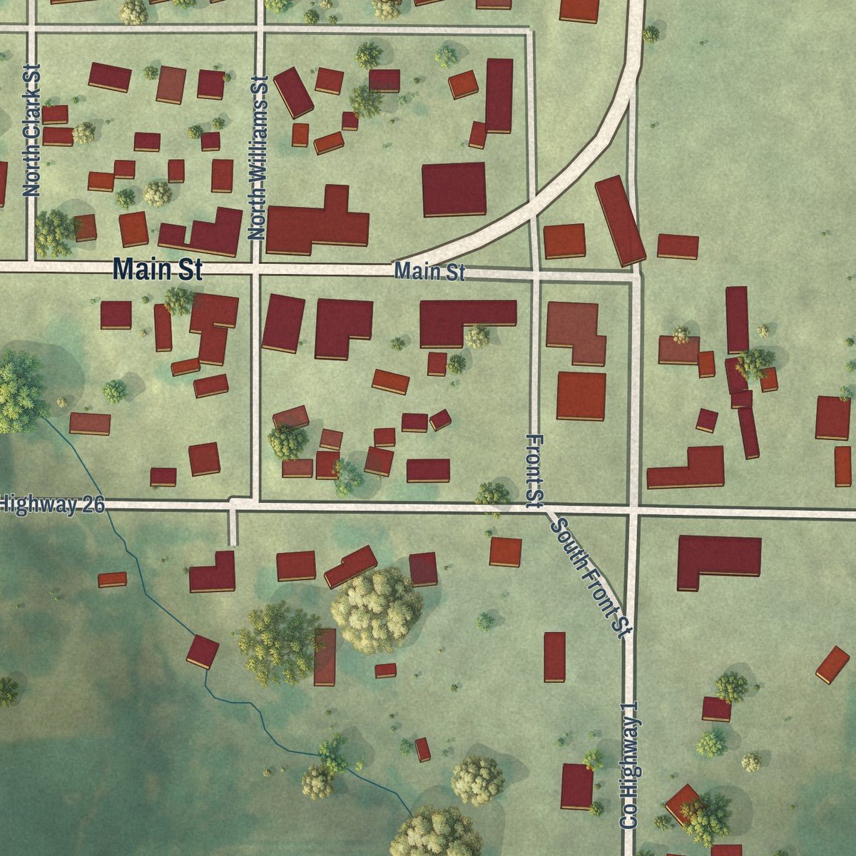 Close-up of the map of Reynolds, Illinois print showing street and building detail