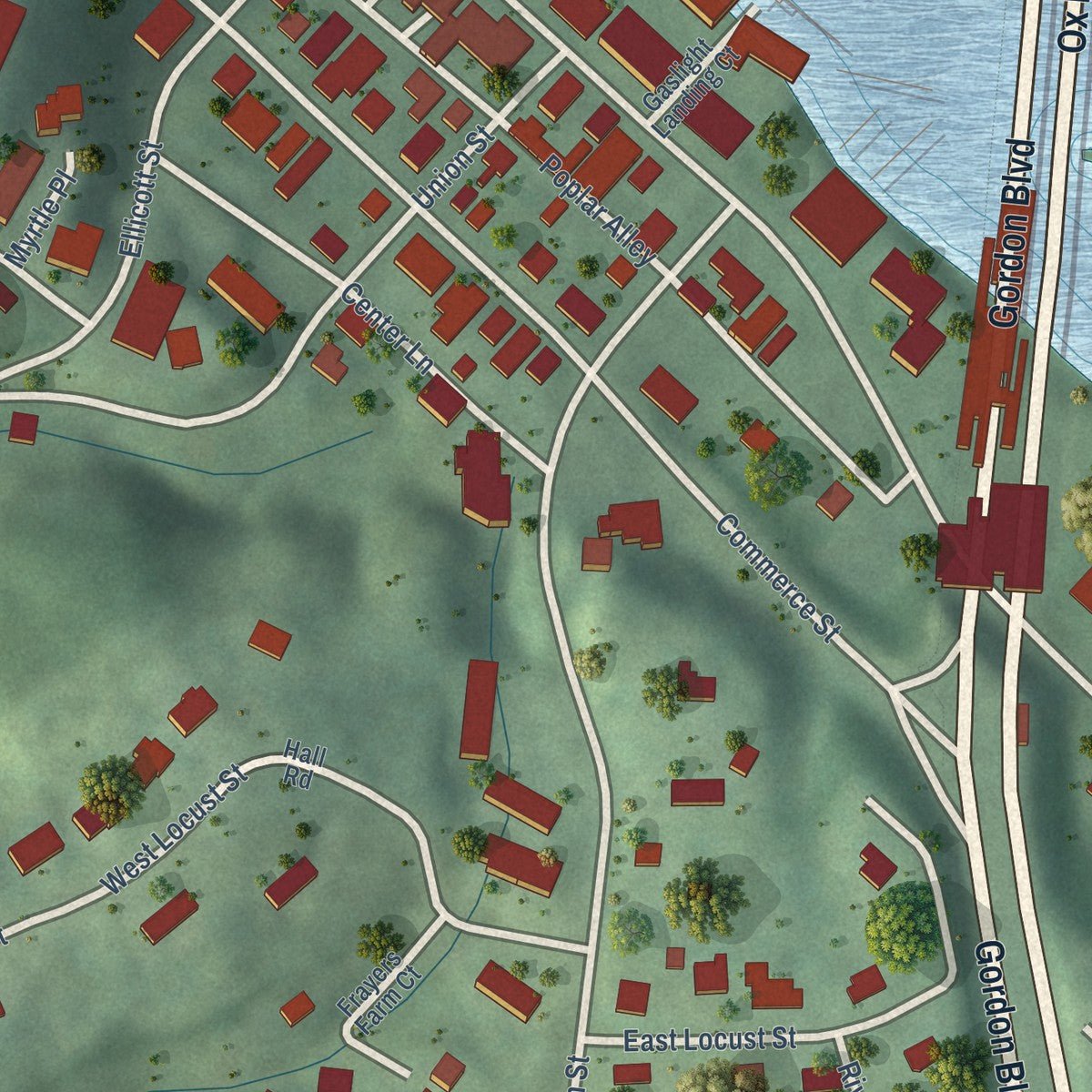 Close-up of the map of Occoquan, Virginia print showing street and building detail