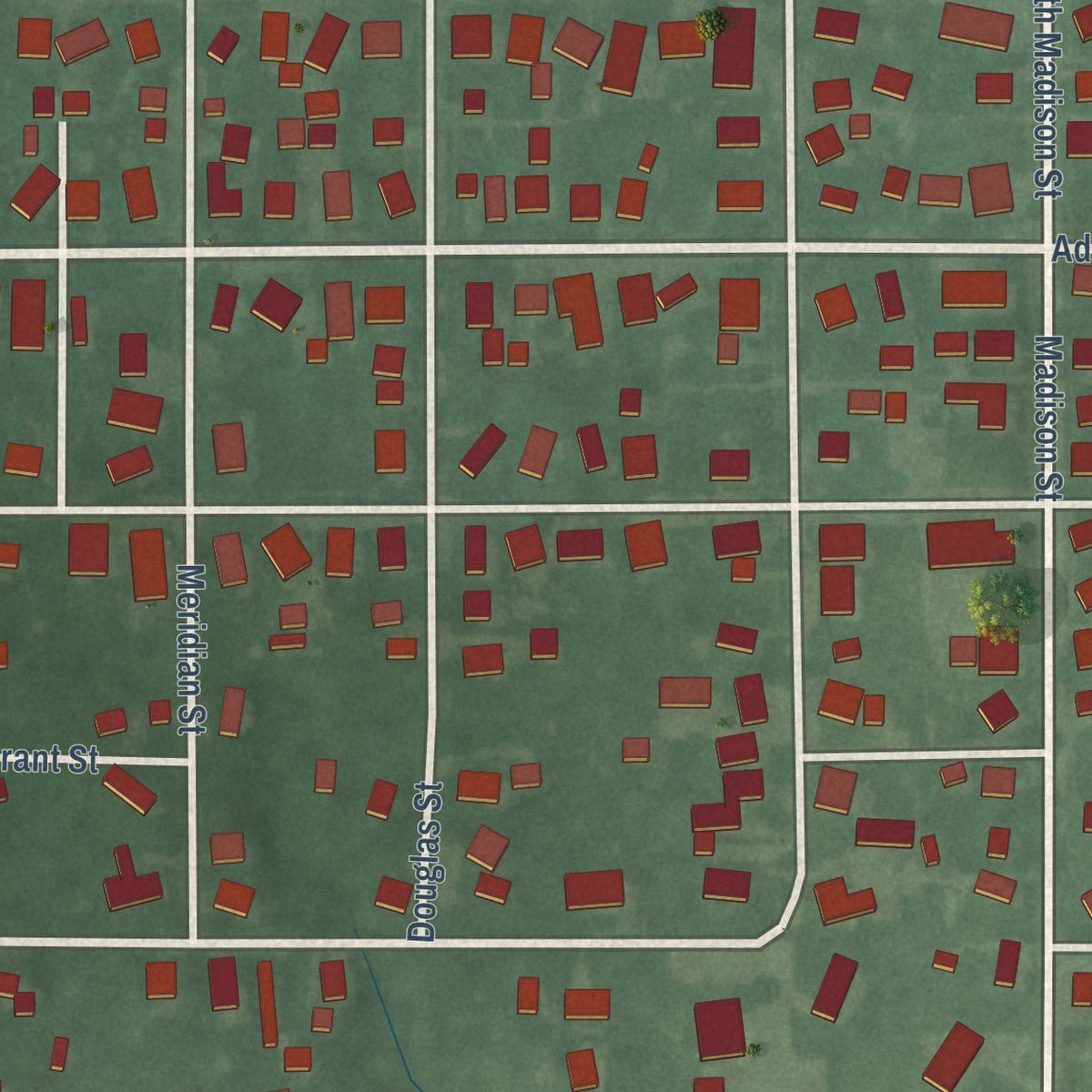 Close-up of the map of Darlington, Indiana print showing street and building detail