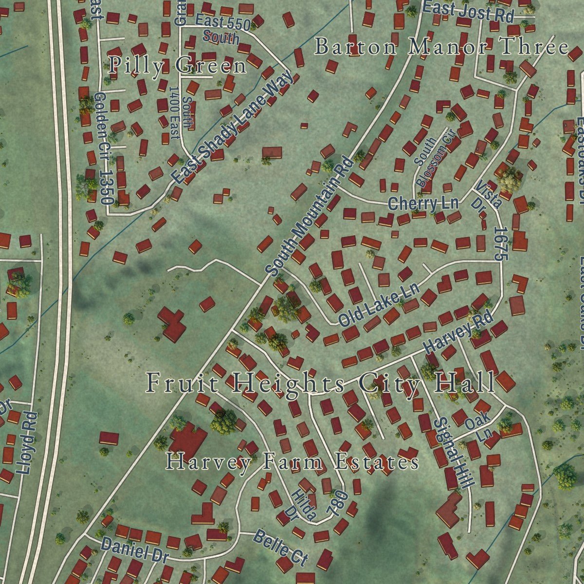 Close-up of the map of Fruit Heights, Utah print showing street and building detail