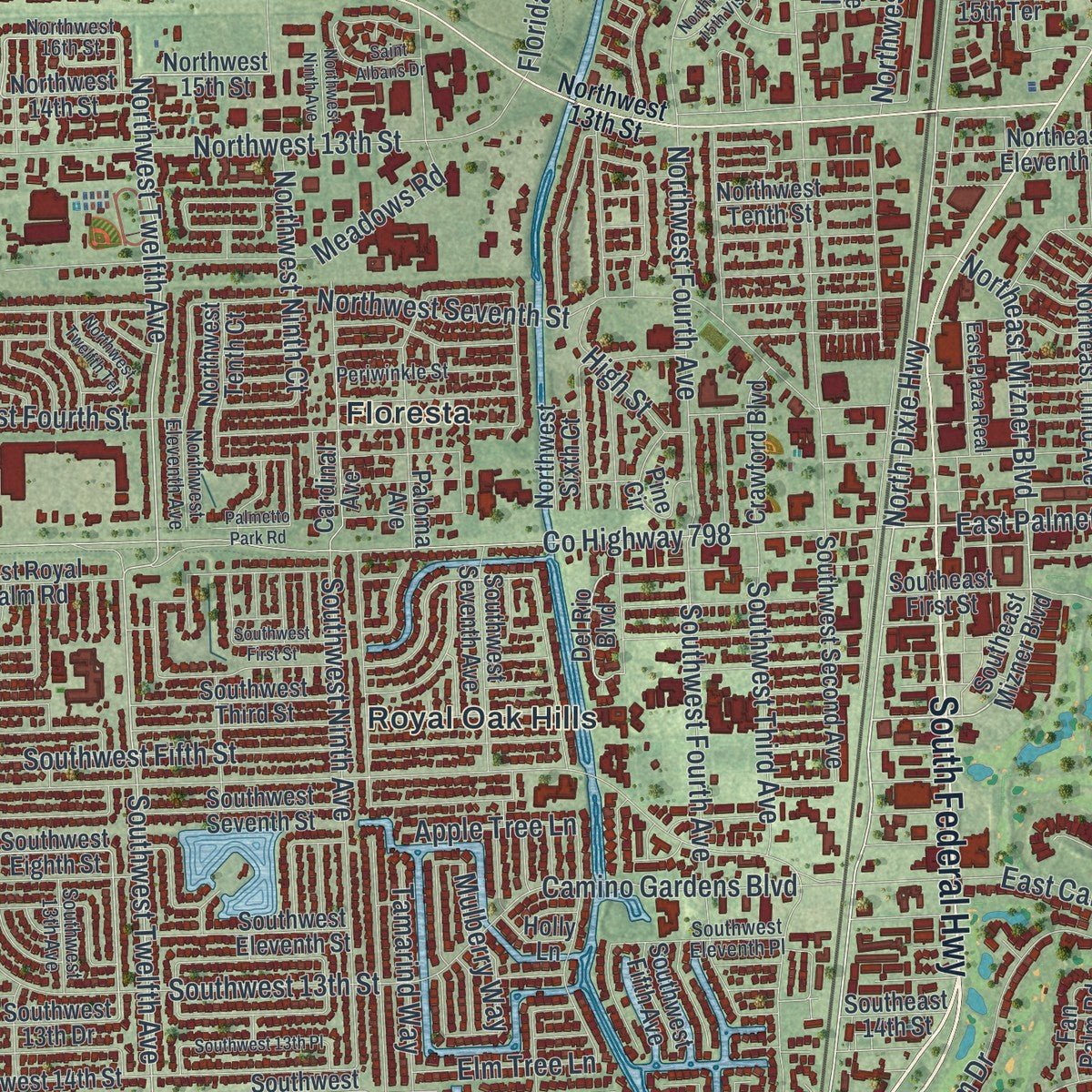 Close-up of the map of Boca Raton, Florida print showing street and building detail