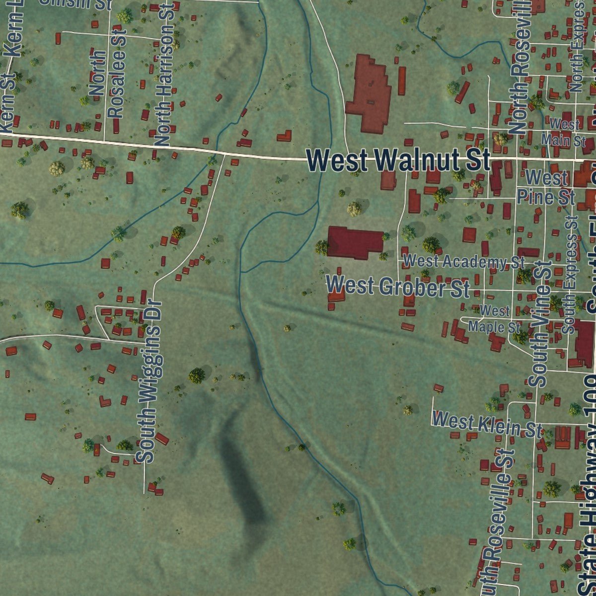 Close-up of the map of Paris, Arkansas print showing street and building detail