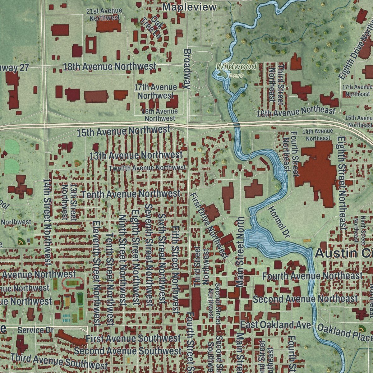Close-up of the map of Austin, Minnesota print showing street and building detail