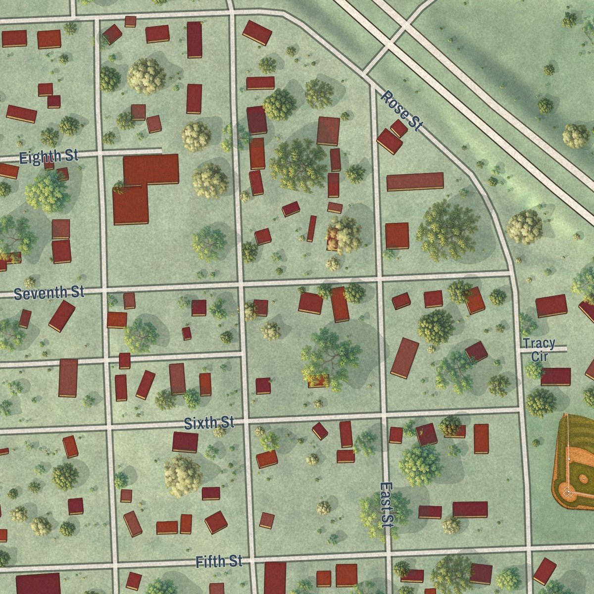 Close-up of the map of Unadilla, Nebraska print showing street and building detail