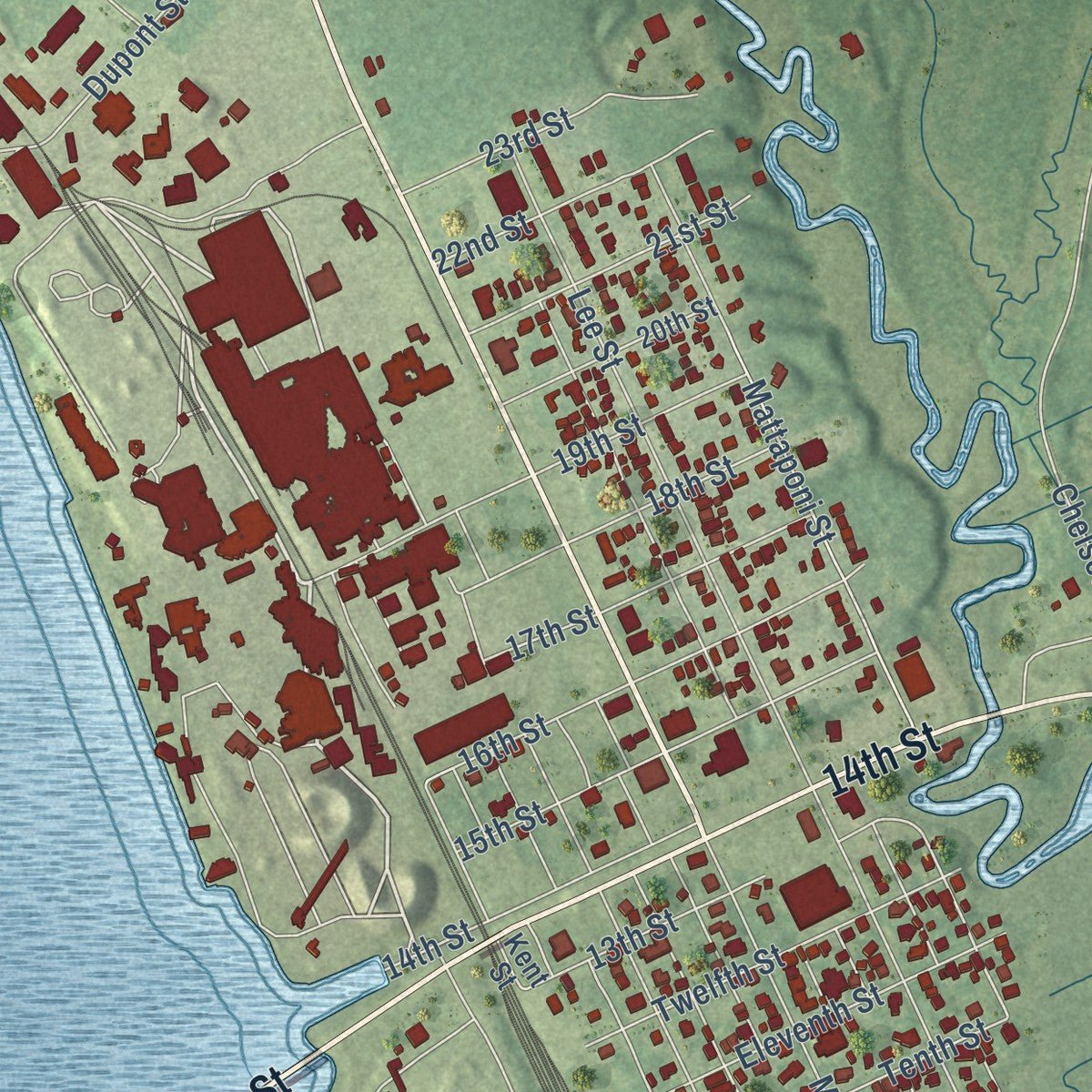 Close-up of the map of West Point, Virginia print showing street and building detail