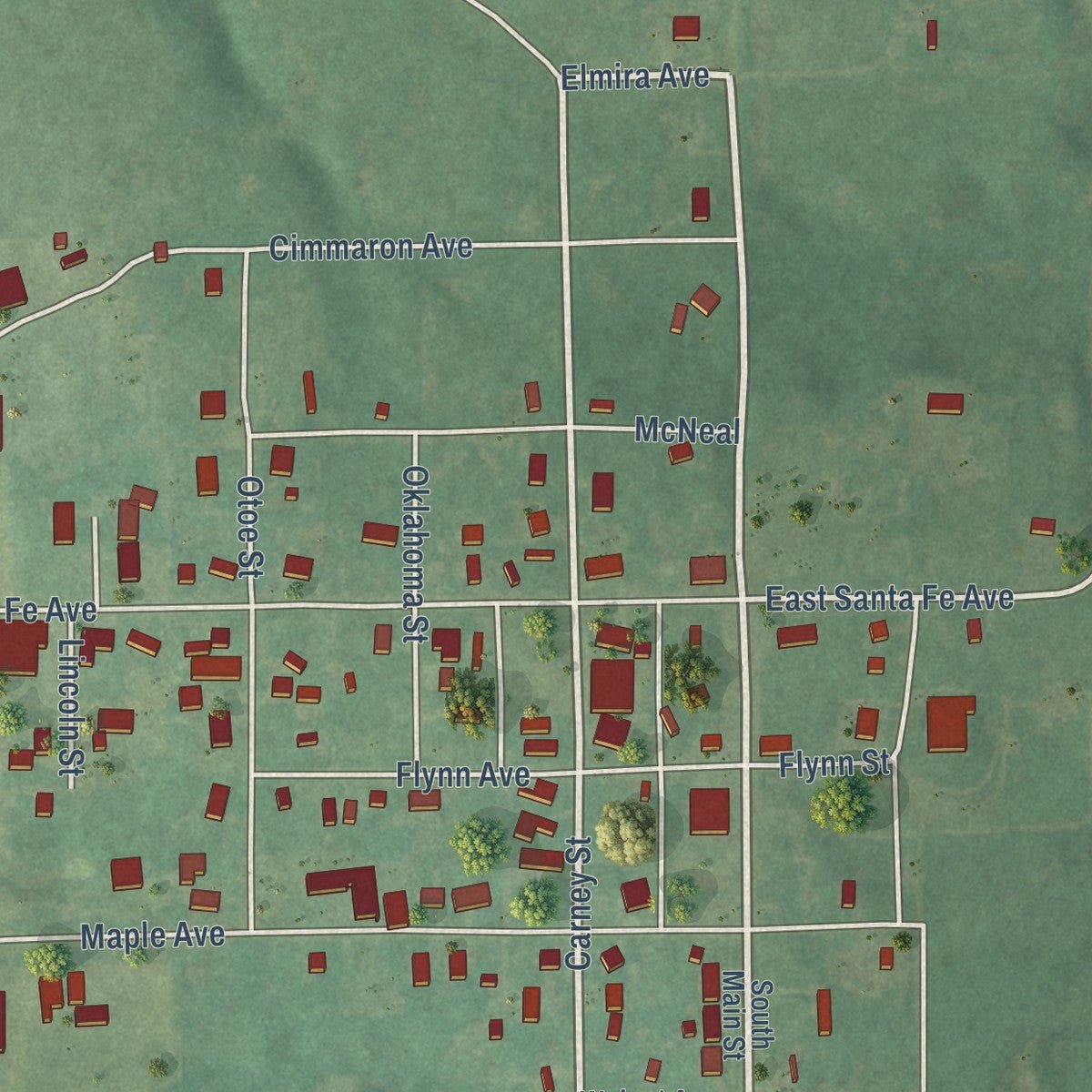 Close-up of the map of Carney, Oklahoma print showing street and building detail