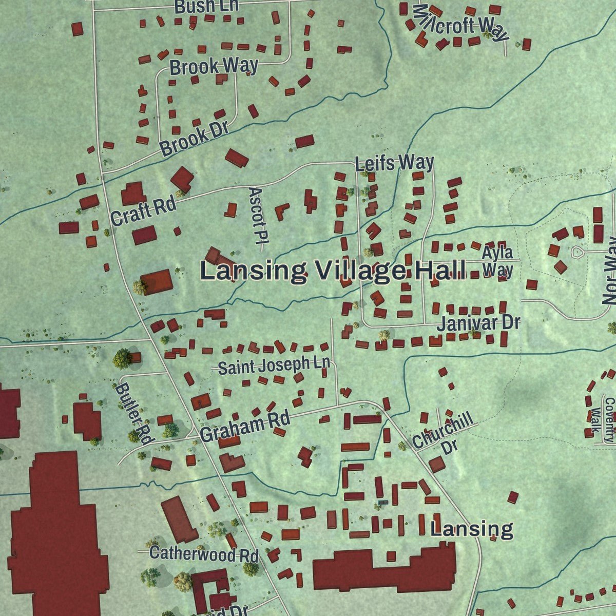Close-up of the map of the Village of Lansing, New York print showing street and building detail
